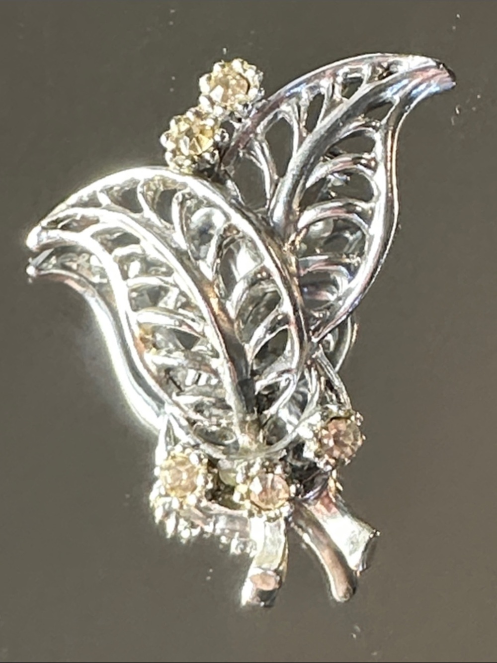Silver Tone Leaf and Crystal Rhinestone Floral Spray Brooch